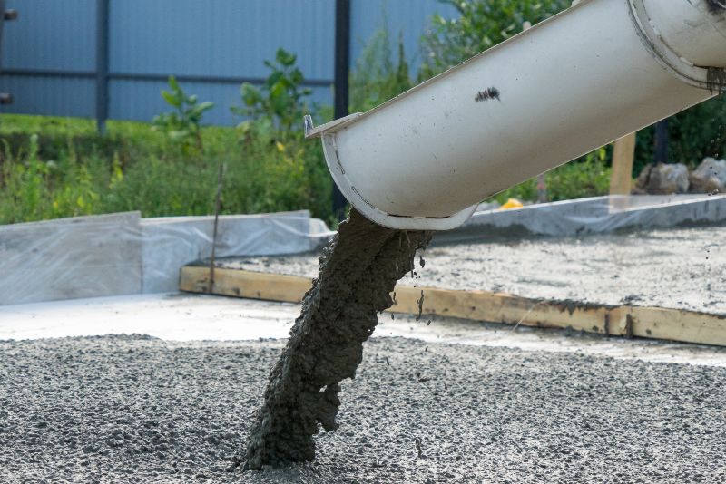 Świeży beton jest wylewany ze zsypu na podłoże placu budowy, z drewnianymi formami i zielenią w tle - wczesny etap.