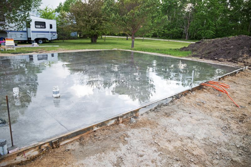 Świeżo wylana betonowa płyta fundamentowa pod budynek otoczona jest ziemią, trawą, drzewami i pojazdem rekreacyjnym w tle. Pomarańczowe rury i instalacje hydrauliczne są widoczne na płycie.